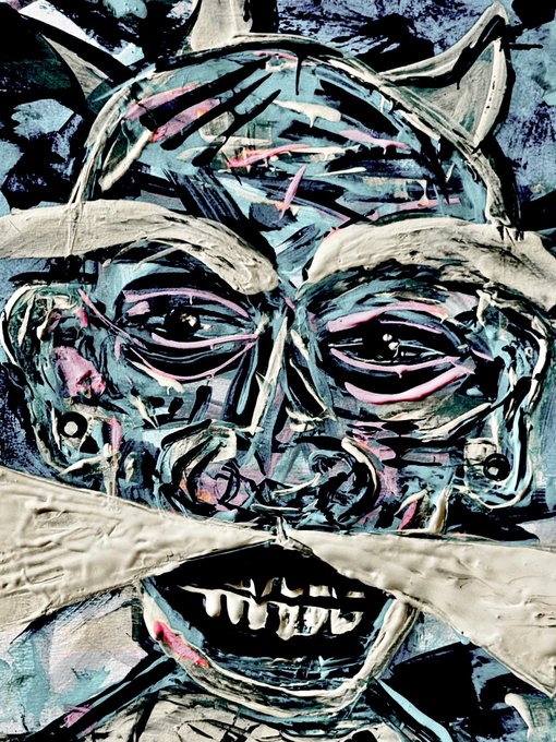 An expressive, abstract painting features a distorted face with wide, intense eyes and an open, toothy grin, rendered in bold strokes of blue, black, pink, and white.