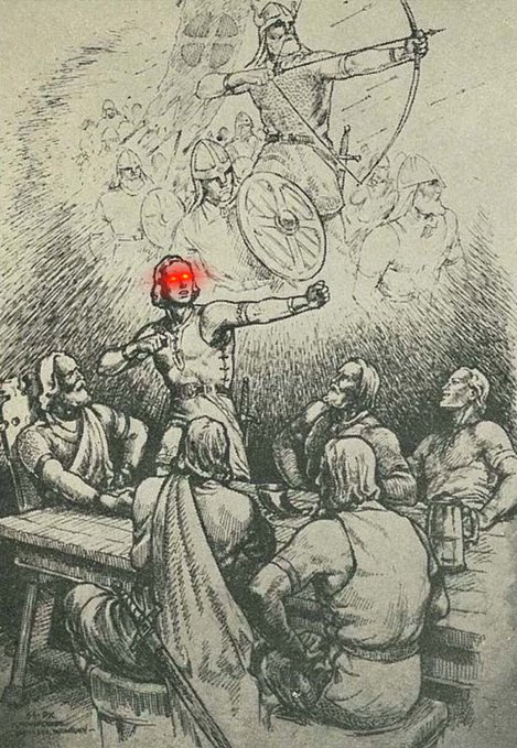 A vintage-style illustration depicting medieval warriors and archers above a group of seated figures at a table, with one central standing figure whose eyes have been digitally edited to glow bright red.