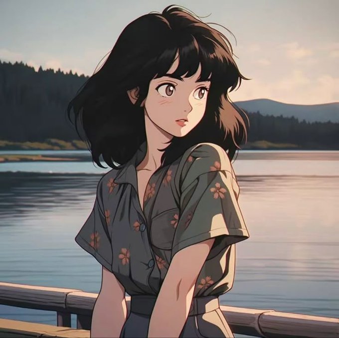 The image features a woman with long brown hair wearing a floral shirt, sitting by a body of water at an outdoor location. The background includes trees and mountains, creating a serene atmosphere. The caption for the image reads "Good morning everyone Hope everyone is having a great start to the day. Checking in on @NomismaNetwork today Still bullish on @useTria and @River4fun".