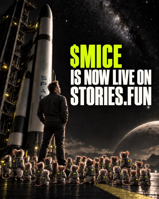 A sci-fi themed promotional image showing a person standing before a SpaceX rocket with mice in spacesuits, featuring text '$MICE IS NOW LIVE ON STORIES.FUN'.