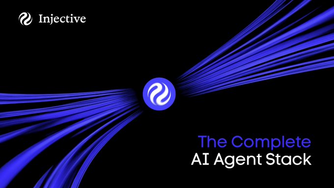 A dark promotional graphic for Injective featuring its blue logo with flowing light streaks and the tagline 'The Complete AI Agent Stack'.