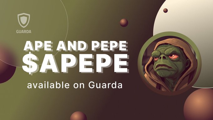 A promotional graphic for Guarda Wallet announces "APE AND PEPE $APEPE available on Guarda," featuring a hooded Pepe the Frog character alongside the Guarda shield logo, supporting the post's message about $APEPE expanding its ecosystem and accessibility through Web3 integrations.