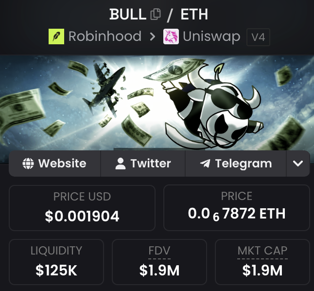 The image shows a cryptocurrency tracking page for the token "BULL" traded against ETH on Uniswap V4, with a current price of $0.001904 (0.000067872 ETH), a liquidity of $125K, and a market cap and FDV of $1.9M, accompanied by bullish imagery of a flying bull. This visually supports the poster's optimistic sentiment about buying $BULL after spotting a price dip, reinforcing their claim that the token is actively trading with real liquidity and poised to rebound.