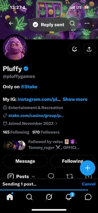 A screenshot of the Twitter/X profile for 'Fluffy' (@pluffygames), showing their bio 'Only on @Stake', links to Instagram and stake.com/casino/group/p/..., a 'Joined November 2022' date, 165 Following and 970 Followers, and a 'Reply sent' notification overlay at the top.