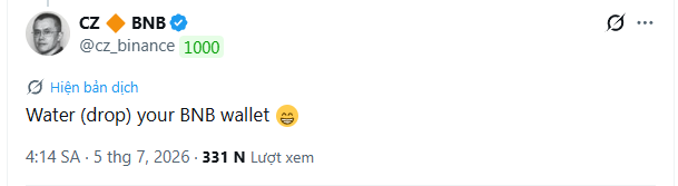 A tweet from CZ (Changpeng Zhao) @cz_binance reading "Water (drop) your BNB wallet 😏" posted at 4:14 AM on July 5th, 2026, receiving 1,000 likes and 331K views.