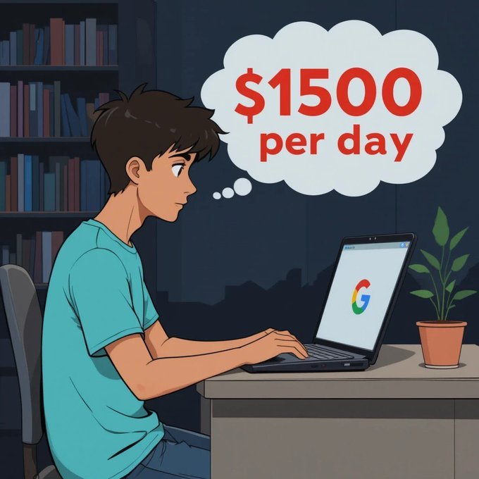 A young man sits at a desk working on a laptop displaying the Google logo, dreaming of earning "$1500 per day" as shown in his thought bubble—a visual that illustrates the post's promise of effortless high income through a supposed Google opportunity. The image reinforces the "get-rich-quick" scheme by depicting someone seemingly making money from home with minimal effort.