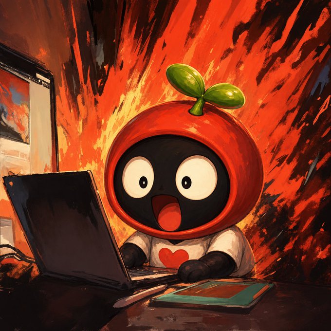 A wide-eyed cartoon character in a tomato-themed hoodie reacts with shocked excitement while staring at a laptop screen, capturing the thrill of a successful crypto pump call from the YoukieVerse discord. The explosive red background mirrors the adrenaline of the unexpected 2x gain, reflecting the hype of catching a token's moonshot.