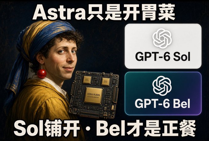 The image is a meme depicting Sam Altman styled as the "Girl with a Pearl Earring" painting, holding a chip labeled "VERA RUBIN AI ACCELERATOR," with Chinese text translating to "Astra is just the appetizer, Sol is the opener, Bel is the main course," alongside GPT-6 Sol and GPT-6 Bel logos—reinforcing the post's message that upcoming models, particularly GPT-6 Bel powered by Vera Rubin hardware, represent the true leap beyond the Astra preview.