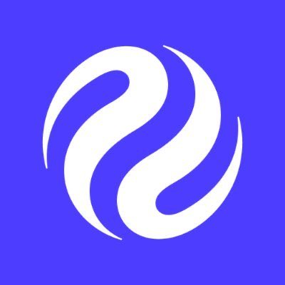 A stylized white circular logo on a purple background, featuring swirling lines that form an 'e' or '2' shape.