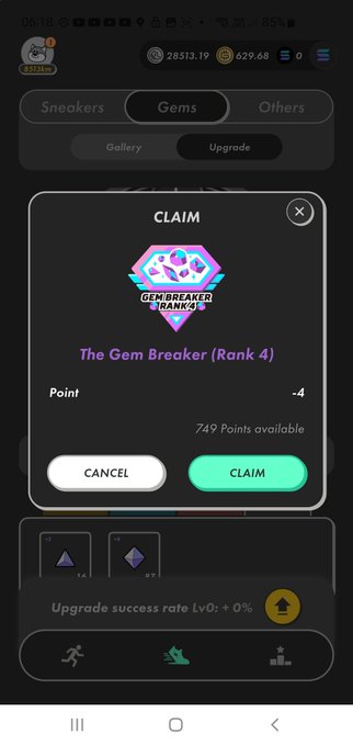 A mobile app screen shows a 'CLAIM' modal for 'The Gem Breaker (Rank 4)' costing 4 points, with 749 points available.