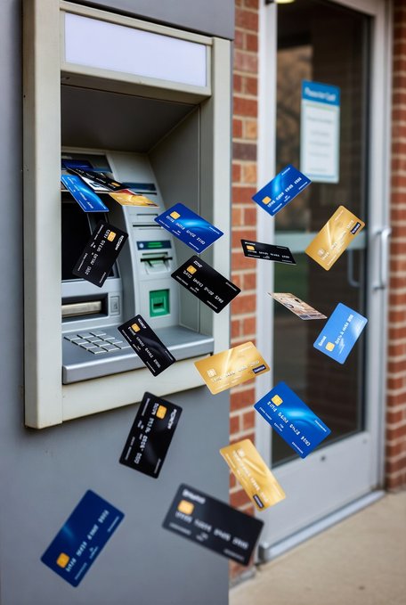 Numerous credit cards spill dramatically from an ATM at the entrance of a bank, symbolizing a sudden disruption in traditional finance—visually echoing the post's message about Pi Network entering a financial landscape where American banks are increasingly building on blockchain through initiatives like the new BankChain Alliance.