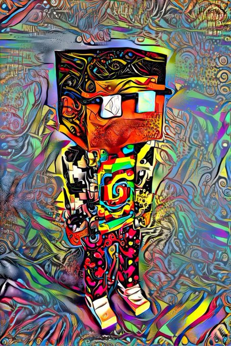 A vibrant, psychedelic digital artwork depicting a stylized figure wearing a cap and sunglasses, rendered in a chaotic mix of neon colors and intricate patterns.