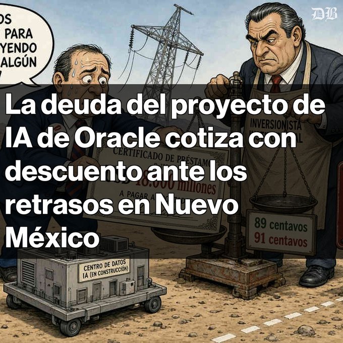 A Spanish-language financial news cartoon depicting Oracle's AI project debt struggles, with a headline reading "La deuda del proyecto de IA de Oracle cotiza con descuento ante los retrasos en Nuevo México." The WSJ logo appears in the top right corner. The illustration shows a worried, sweating man examining a certificate labeled "CERTIFICADO DE PRÉSTAMO" alongside an investor figure on the right wearing an apron marked "INVERSIONISTA," who holds a scale displaying "89 centavos" and "91 centavos." A small data center model labeled "CENTRO DE DATOS IA (EN CONSTRUCCIÓN)" sits in the foreground, with power transmission towers visible in the background.