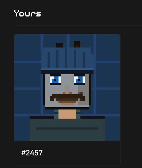 A pixel art portrait of a blue-skinned character with a brown mustache and blue eyes, labeled 'Yours' and '#2457'.