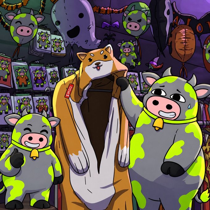 An illustrated scene featuring characters in cow-patterned onesie costumes and a Shiba Inu character holding up a hoodie, set against a backdrop of merchandise and balloons.