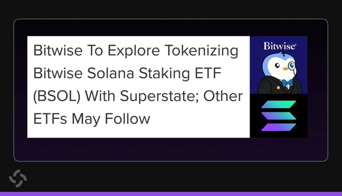 The image shows a news headline graphic with the Bitwise logo featuring a blue bird mascot in a suit, alongside the Bitwise symbol and the text: "Bitwise To Explore Tokenizing Bitwise Solana Staking ETF (BSOL) With Superstate; Other ETFs May Follow." The graphic visually reinforces the accompanying news about Bitwise's plan to tokenize its BSOL ETF with Superstate, marking BSOL as the first fund targeted for tokenization with potential expansion to other Bitwise ETFs.