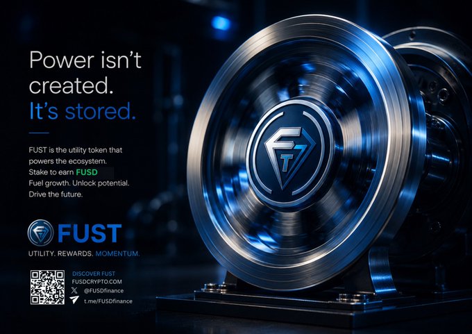 A sleek promotional image for FUST, featuring a metallic turbine-like emblem and the tagline "Power isn't created. It's stored." The ad explains that FUST is the utility token powering the ecosystem, encouraging users to stake and earn $FUSD for growth. The post's message about consistency aligns with the ad's themes of stored power and momentum, suggesting that steady, sustained effort—like steady fuel storage—leads to long-term rewards.