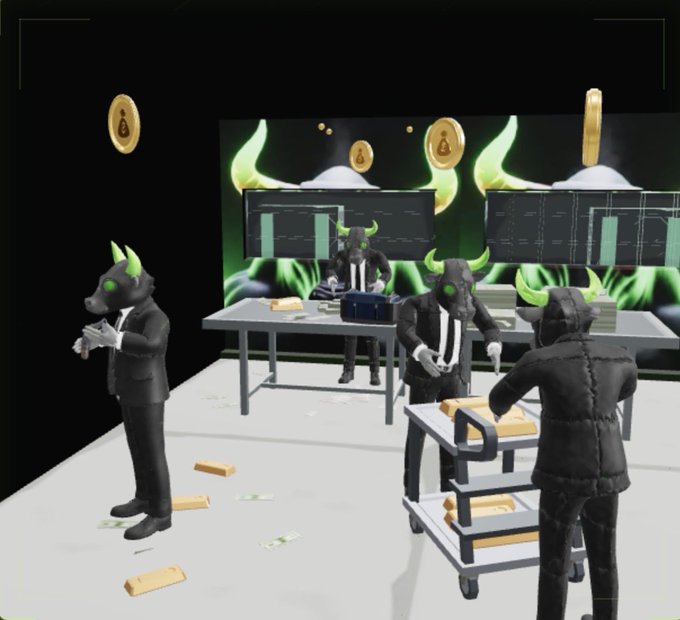 A surreal digital scene depicts anthropomorphic rat figures in black suits working around tables with gold bars and cash, with computer monitors displaying graphs and floating gold tokens in the background—visually representing a heist-themed crypto game tied to the Heistedxyz invite code "JG7ZMY56" mentioned in the post.