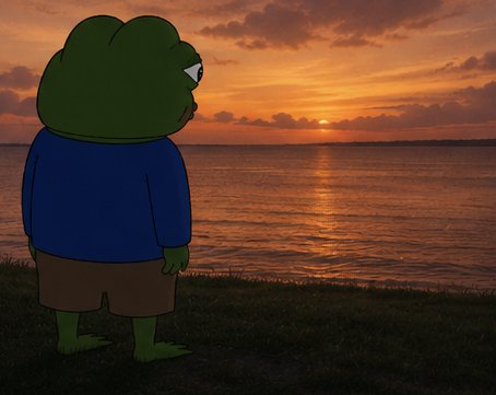 A cartoon green frog character in a blue shirt stands overlooking an ocean at sunset.