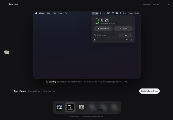 The image showcases a product page for "FowyBreak," a break timer app for the macOS menu bar, featuring a demo interface counting down with "0:29" remaining until the next break and an option to "Break every 1 m." This aligns with the post announcing three apps launched on fowllabs.com, highlighting FowyBreak as one of the releases—with the caption teasing that the best are still to come.