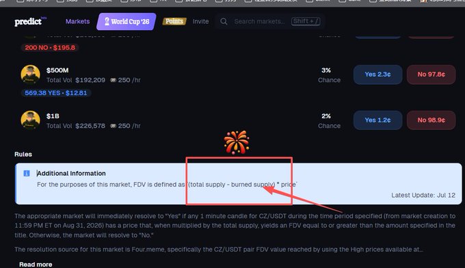 Screenshot of a 'predict' platform showing a market on $ZOM token with a '200 NO' option, highlighting the FDV calculation formula in the rules section.