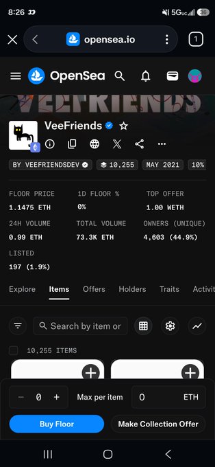 A mobile screenshot of the OpenSea NFT marketplace displaying the VeeFriends collection with a 1.1475 ETH floor price, 10,255 items, and 4,603 unique owners.