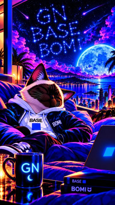 A stylized neon illustration of a cat wearing a 'BASE' and 'BOMB' hoodie, sitting under a cosmic sky with 'GN BASE BOMB' text, a mug and laptop nearby.