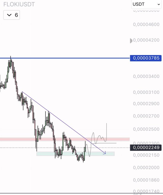 This is a cryptocurrency chart for FLOKIUSDT showing price action forming a potential temporary bottom, with the current price around 0.00002249. The image visually supports the accompanying post's analysis of FLOKI's price movement and the need for structural confirmation.