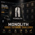 A promotional graphic for the "MONOLITH Video Tutorial Challenge" features the text "JOIN YOUR VIDEO ON THE WALL" and credits Mike (presumably @MikeStellar) as a leader in the competition. The accompanying post invites the XRP community to participate in the video challenge, aligning with the image's call for entries.