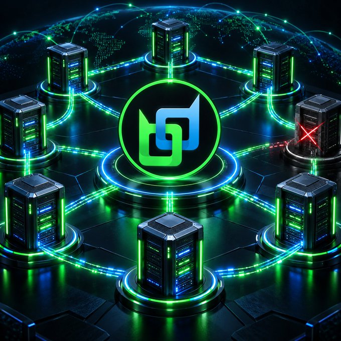 A futuristic digital illustration shows a central green and blue logo surrounded by eight server towers connected by glowing green and blue light rings, with one tower marked by a red 'X'.