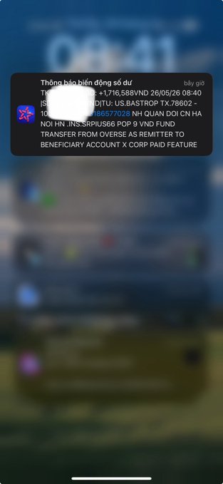The image shows an iPhone screen with a message from someone named "Thâm Hýn" who has sent them money via Transfer web3. The message includes details about the transfer, including the amount of money sent and the recipient's account number.