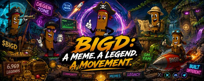 Promotional artwork for the 'BIGD' meme token features various potato/character mascots in pirate and explorer outfits, with text reading 'BIGD: A MEME. A LEGEND. A MOVEMENT.' alongside labels such as '$BIGD', '6,969 LEGENDS', 'TO THE MOON', 'DEGEN ZONE', 'COMMUNITY', 'MEMES', and 'LEGACY'.