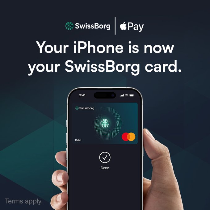 A promotional advertisement reading 'SwissBorg | Apple Pay - Your iPhone is now your SwissBorg card,' showing a hand holding an iPhone displaying a digital debit card on screen.