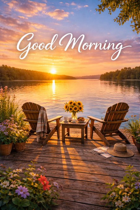 A serene lake at sunrise or sunset with two Adirondack chairs and a table holding sunflowers, with the text "Good Morning" displayed in elegant script across the sky.