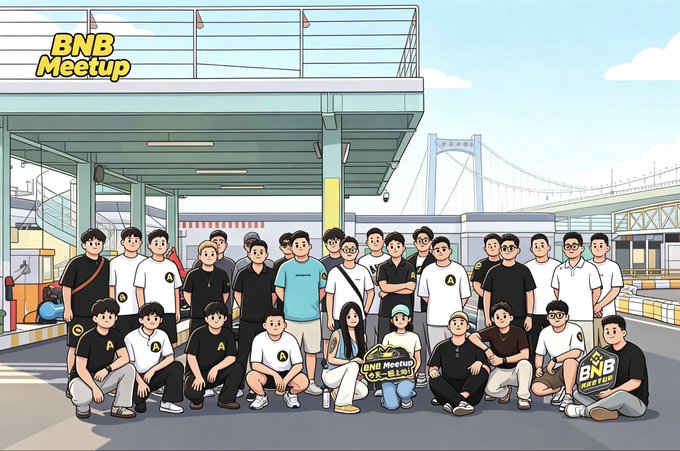 An anime-style group illustration of people gathered under a sign reading "BNB Meetup," with two attendees holding "BNB Meetup" signs, set in an urban environment with a bridge in the background.