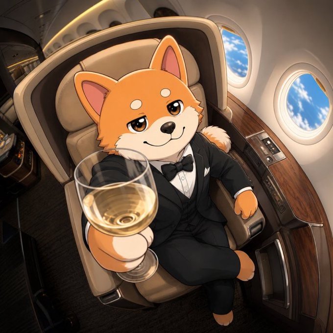 An anime-style illustration of a Shiba Inu dog dressed in a formal tuxedo, sitting in a first-class airplane seat and holding a glass of white wine.