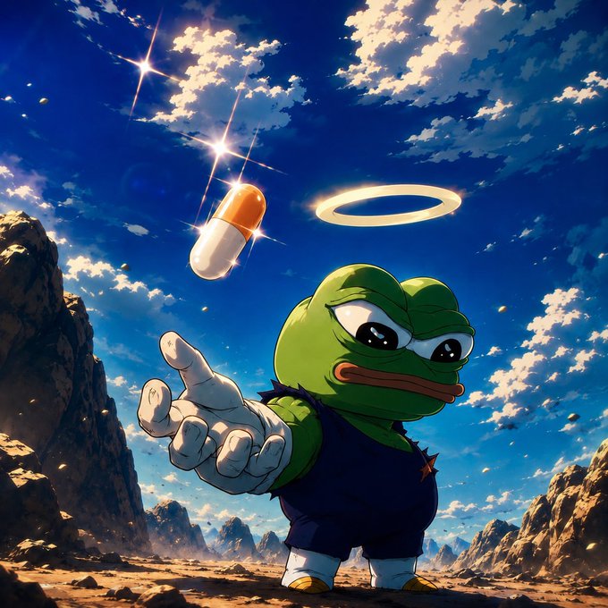 A sad Pepe-style frog character wearing a star shirt stands in a rocky desert, reaching toward a glowing orange pill capsule and halo floating in a vibrant blue sky with sparkling stars. The image visually embodies the "Orange pill" metaphor from the post, depicting the character being drawn to (or recoiling from) the pill—a symbol of being introduced to prediction markets, presented as the "Bloomberg Terminal" for crypto-informed forecasting.