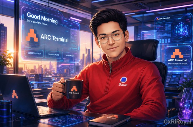 Digital illustration of a man in a red 'Base' jacket holding an 'ARC Terminal' mug in a futuristic office setting, with holographic screens displaying 'Good Morning, Let's build the future' and 'ARC Terminal - The Future is On-Chain'; signed '0xRiRoyal'.