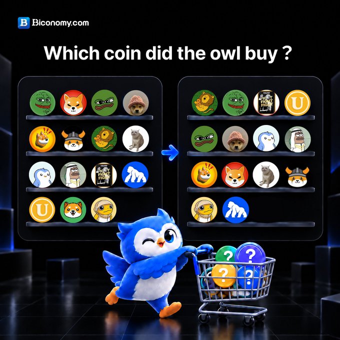 A Biconomy.com advertisement asking "Which coin did the owl buy?" featuring a cartoon blue owl pushing a shopping cart with question-mark coins, alongside two shelves of meme coins.