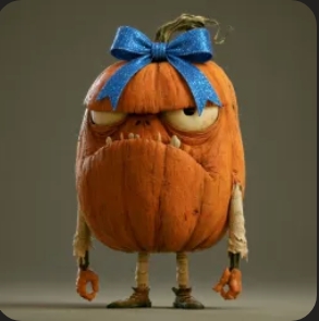 A stop-motion style character resembling an anthropomorphic pumpkin with a blue bow on its head, featuring an angry expression and small wooden limbs.
