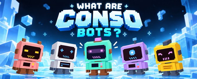 Pixel art banner asking "WHAT ARE CONSO BOTS?" featuring five cute, colorful robot characters (pink, white, teal, purple, and yellow) with digital face screens standing against an icy blue background.