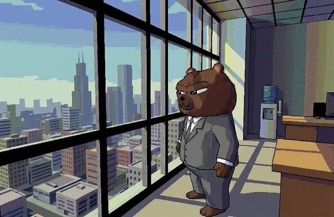 A pixel art illustration shows an anthropomorphic brown bear in a gray business suit standing in an office with large windows overlooking a city skyline.