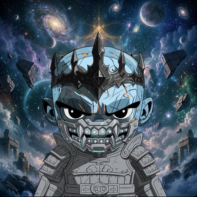 A chibi-style illustration features a fierce armored warrior with glowing blue eyes, a spiked crown, and a jagged, toothy metal mask, set against a cosmic backdrop of swirling galaxies, planets, and floating stone fragments. The image embodies the "Web3 Legends" theme from the post, serving as a bold, stylized mascot to promote the @STONEGODSHQ NFT collection available on @gravemarket.
