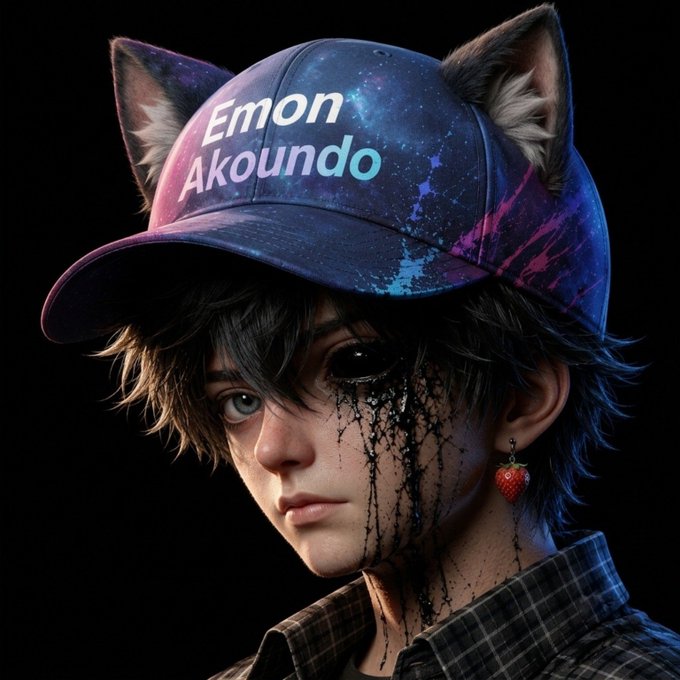 A digital artwork shows a person with cat ears wearing a galaxy-patterned cap with 'Emon Akoundo' written on it, featuring stylized black tears streaming down their face and a strawberry earring.