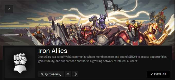 A promotional graphic for the 'Iron Allies' gated Web3 community, featuring fantasy warrior artwork and text describing a network for $IRON token holders.