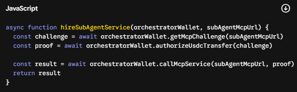A snippet of JavaScript code defining an `async function hireSubAgentService` that handles orchestrator wallet operations like getting MCP challenges and calling MCP services.