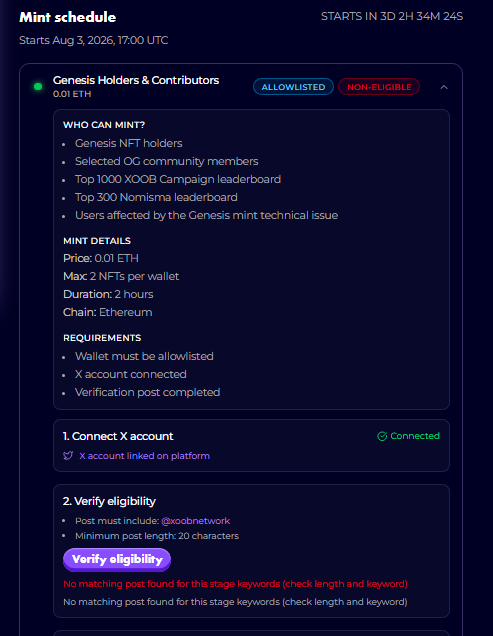 A dark-themed 'Mint schedule' interface for Genesis Holders & Contributors, listing eligibility requirements including NFT holdings, a price of 0.01 ETH on Ethereum, and steps to connect an X account and verify eligibility.