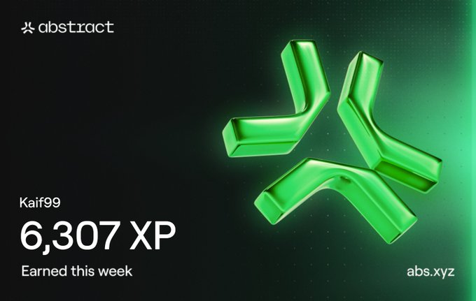 An abstract digital graphic featuring a green geometric "X" logo with the text "Kaif99, 6,307 XP, Earned this week" and the URL "abs.xyz".