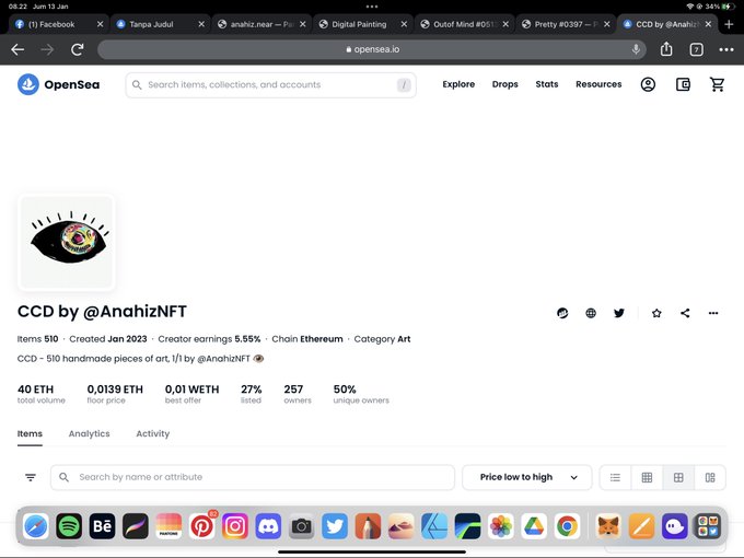 An OpenSea NFT collection page showing 'CCD by @AnahizNFT' with 510 items, 0.0139 ETH floor price, and a colorful eye logo.