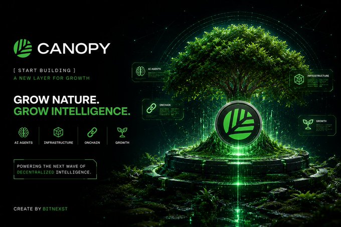 The image is a promotional graphic for **Canopy** (CNPY Network), featuring a glowing green tree emerging from a stone platform with a circular green leaf logo, alongside the tagline "GROW NATURE. GROW INTELLIGENCE." and the subtitle "A NEW LAYER FOR GROWTH" created by **Bitnext**.

This visual ties directly to the post's message about giving builders long-term room to operate—Canopy's tree imagery symbolizes organic, sustained growth, reinforcing the idea that launching an app is just the start and that real progress requires the right foundational layer to flourish over time.